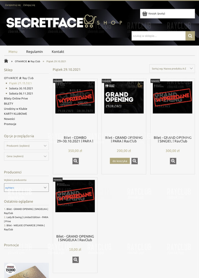 Sklep z biletami secretface.com.pl - RayClub