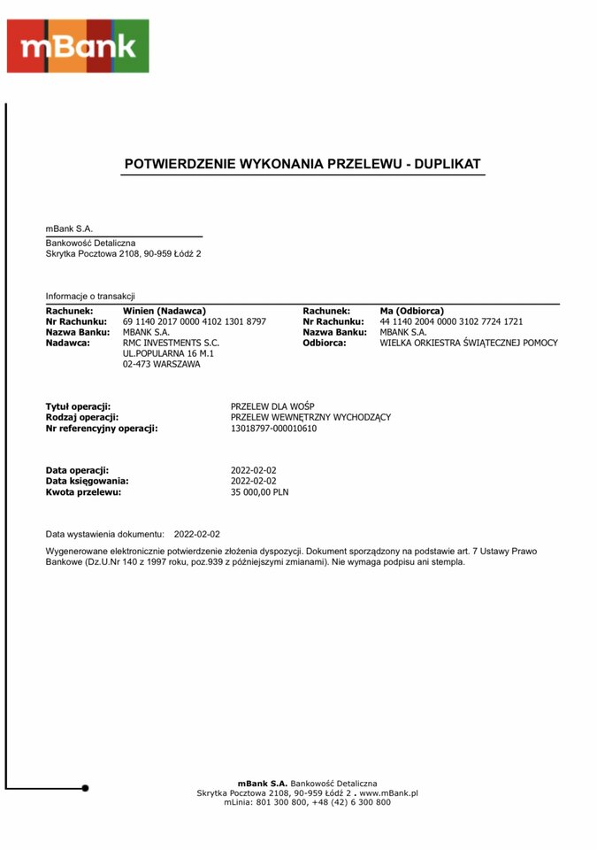 Potwierdzenie przelewu na WOŚP 2022! Jesteście Wielcy - RayClub